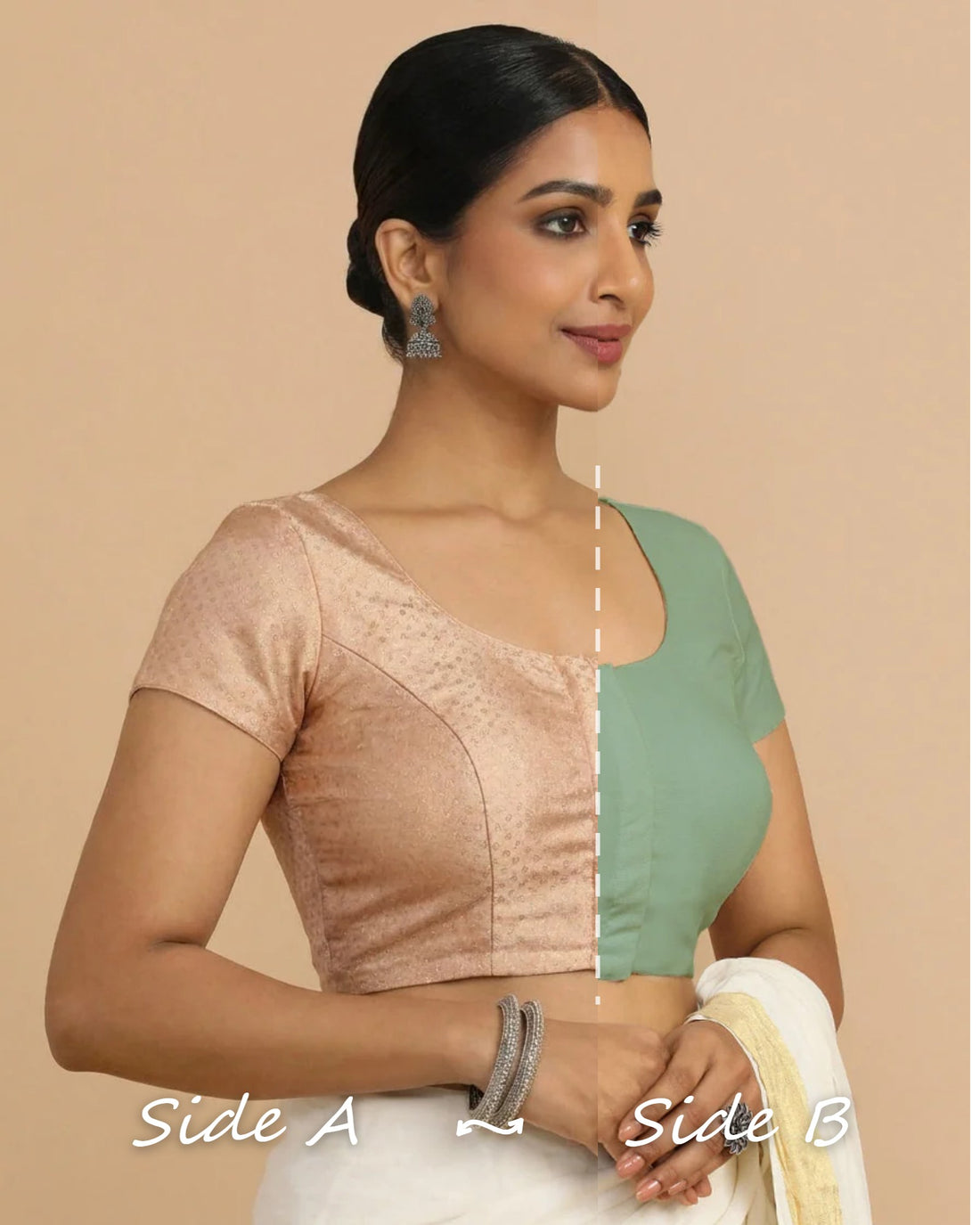 Krusha Reversible Duet | Muted Copper × Peppermint Green Chandheri-Linen Saree Blouse — Side A and Side B