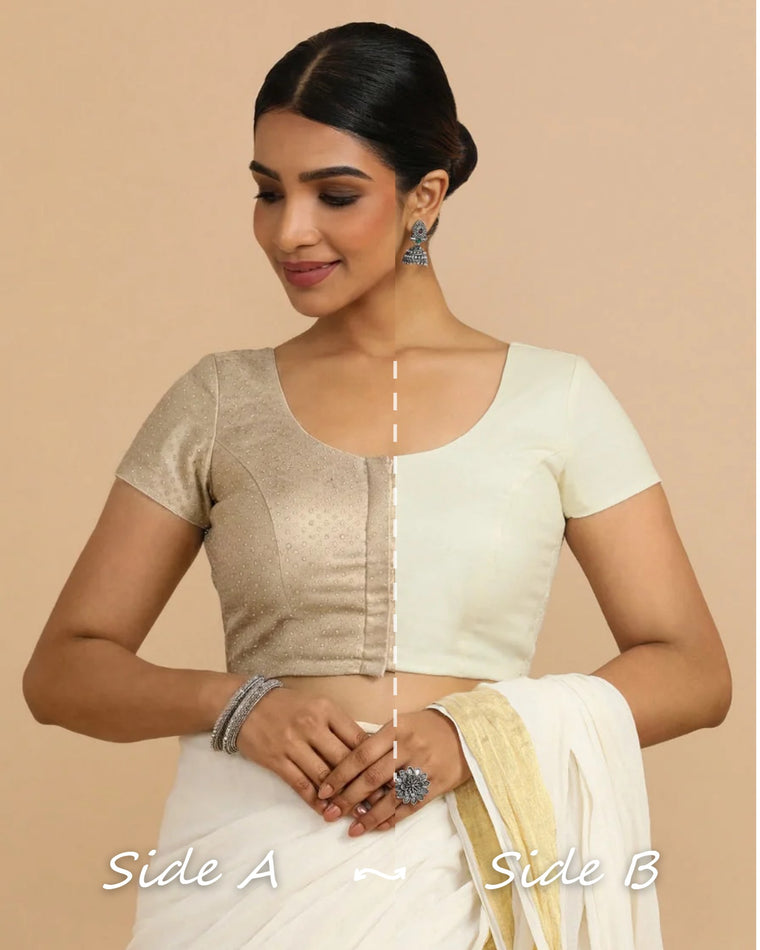 Krusha Reversible Duet | Oyster Grey × Chalk White Chandheri-Linen Saree Blouse — Side A and Side B