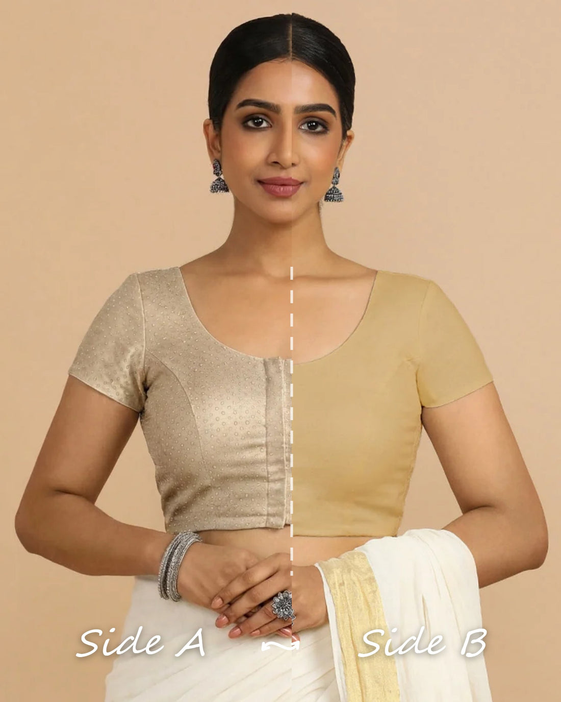 Krusha Reversible Duet | Oyster Grey × Ecru Beige Chandheri-Linen Saree Blouse — Side A and Side B