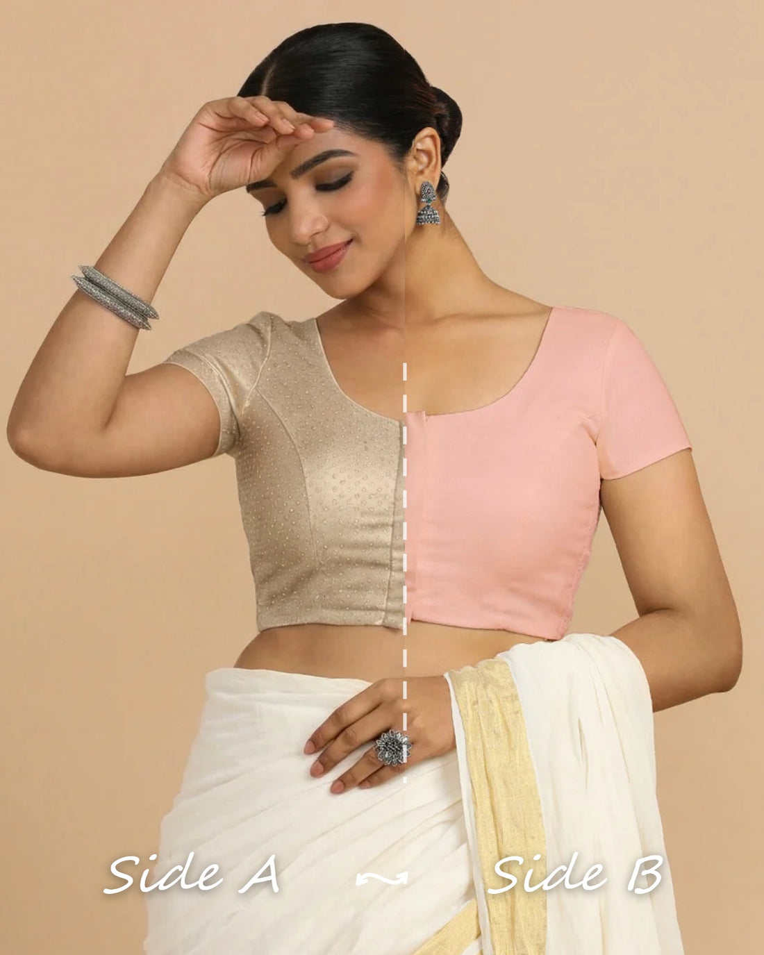 Krusha Reversible Duet | Oyster Grey × Misty Pink Chandheri-Linen Saree Blouse — Side A and Side B