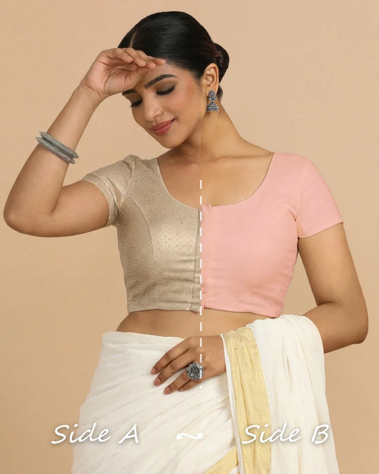 Krusha Reversible Duet | Oyster Grey × Misty Pink Chandheri-Linen Saree Blouse — Side A and Side B