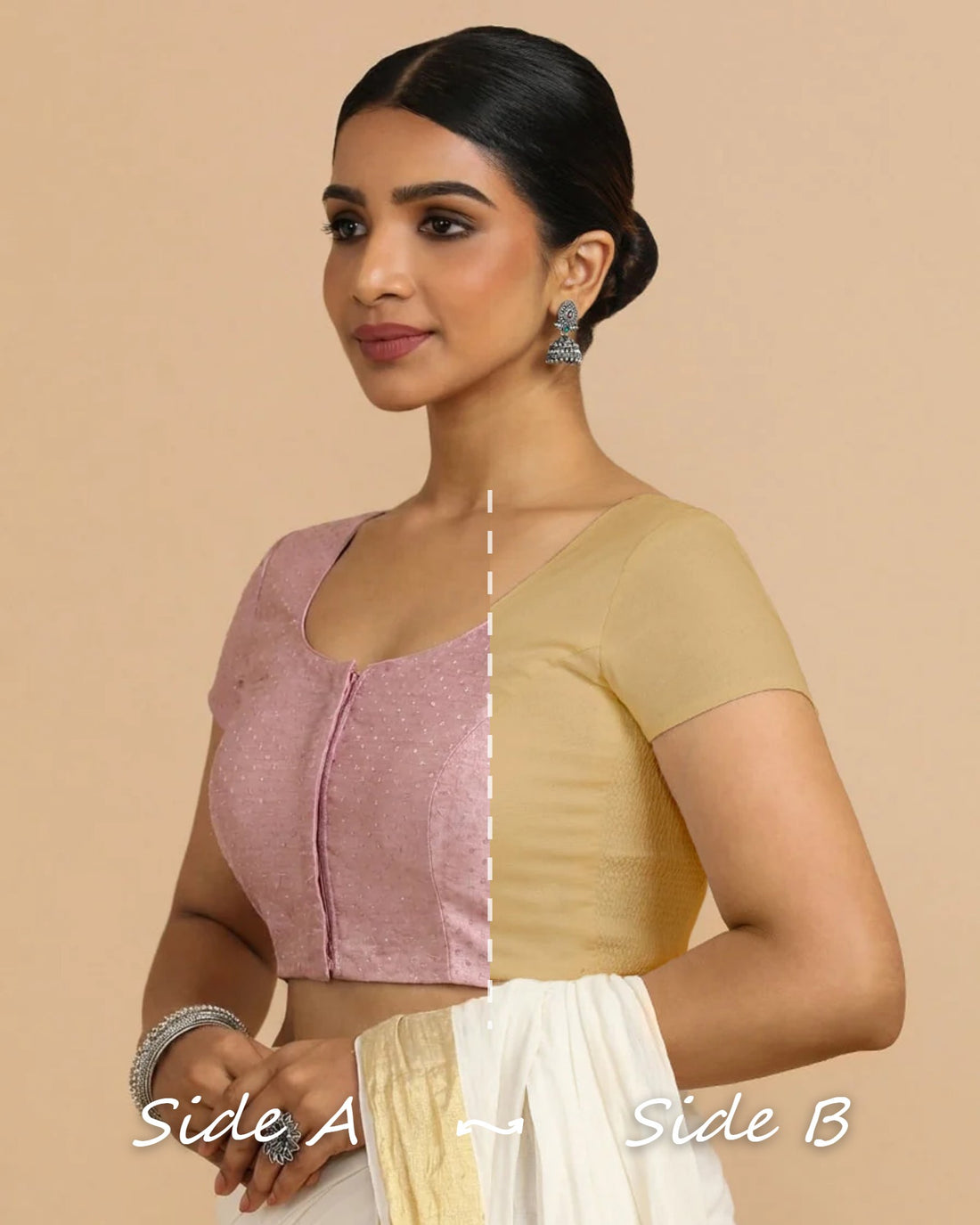 Krusha Reversible Duet | Pink × Ecru Beige Chandheri-Linen Saree Blouse — Side A and Side B