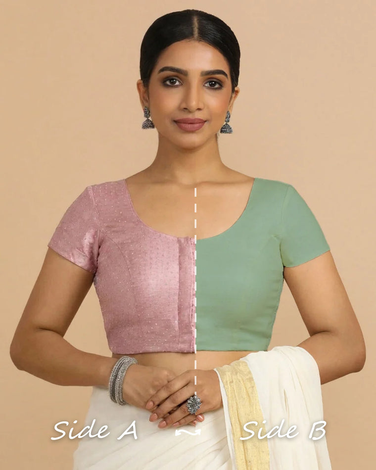 Krusha Reversible Duet | Pink × Peppermint Green Chandheri-Linen Saree Blouse — Side A and Side B