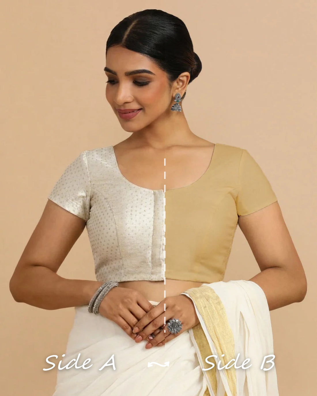 Krusha Reversible Duet | White × Ecru Beige Chandheri-Linen Saree Blouse — Side A and Side B