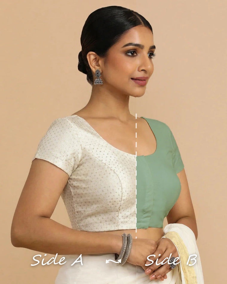 Krusha Reversible Duet | White × Peppermint Green Chandheri-Linen Saree Blouse — Side A and Side B