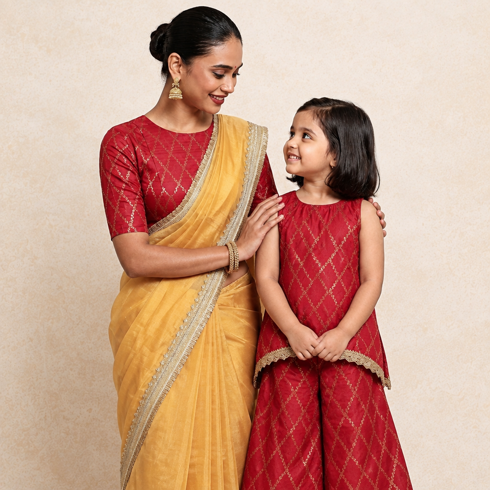 Mommy&Me | Poppy + Reena Berry Red Vine Mesh Brocade Kurta Set & Saree Blouse Combo