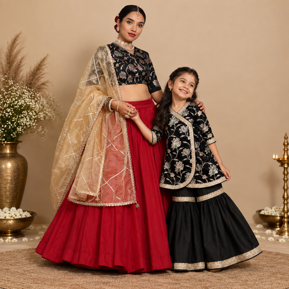 Mommy&Me | Jugnu + Vani Black Meenakari Satin Viscose Kurta Set & Saree Blouse Combo