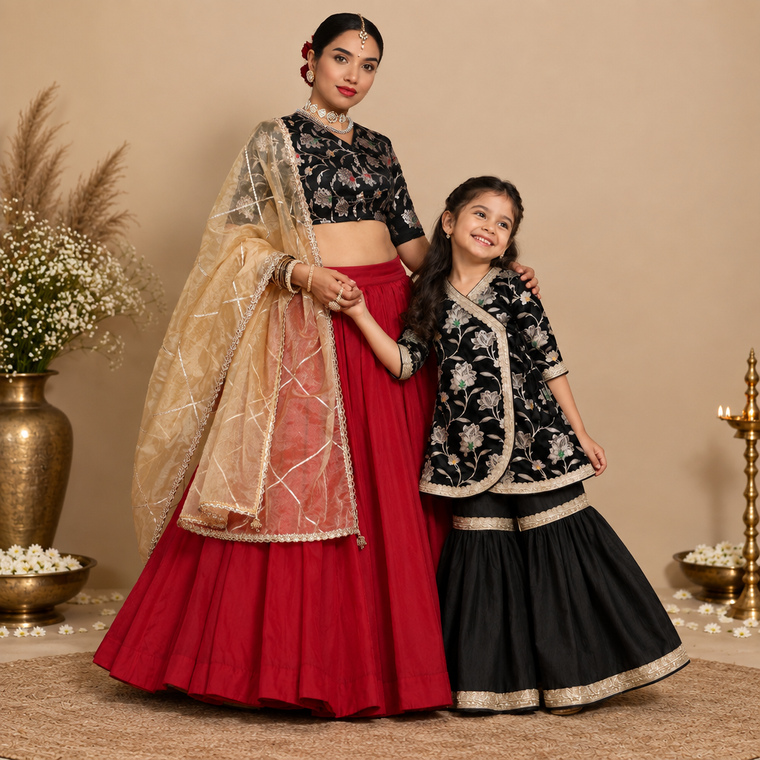Mommy & Me bundle thumbnail: Mommy&Me | Jugnu + Vani Black Meenakari Satin Viscose Kurta Set & Saree Blouse Combo