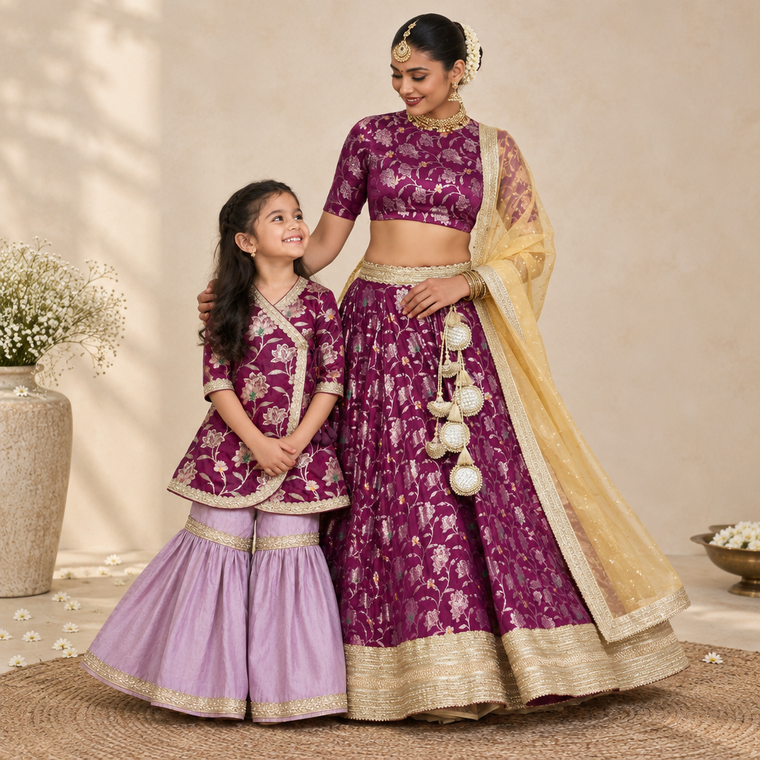 Mommy & Me bundle thumbnail: Mommy&Me | Jugnu + Meenakshi Violet Meenakari Satin Viscose Kurta Set & Lehenga Set Combo
