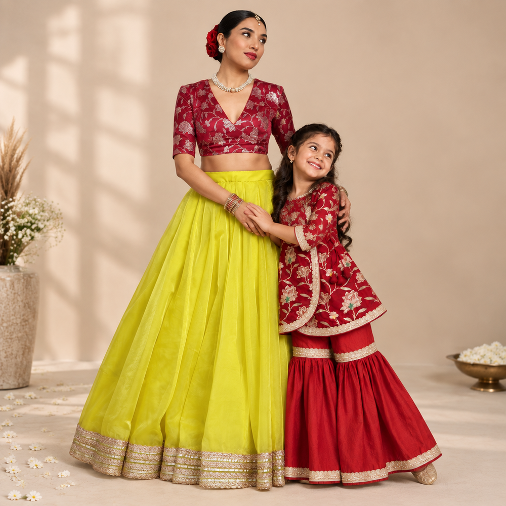 Mommy&Me | Jugnu + Shabnam Red Meenakari Satin Viscose Kurta Set & Saree Blouse Combo