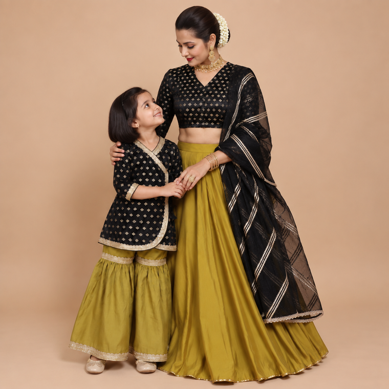 Mommy & Me bundle thumbnail: Mommy&Me | Chamki + Kaya Black Butta Satin Viscose Kurta Set & Saree Blouse Combo