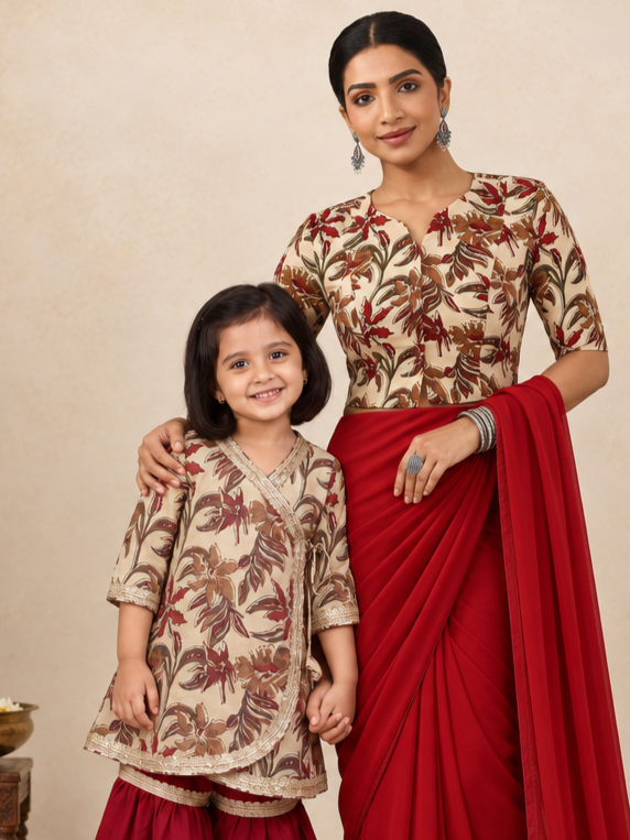 Mommy&Me | Phuli + Vriti Cream Blossom Block Print Cotton Kurta Set & Saree Blouse Combo