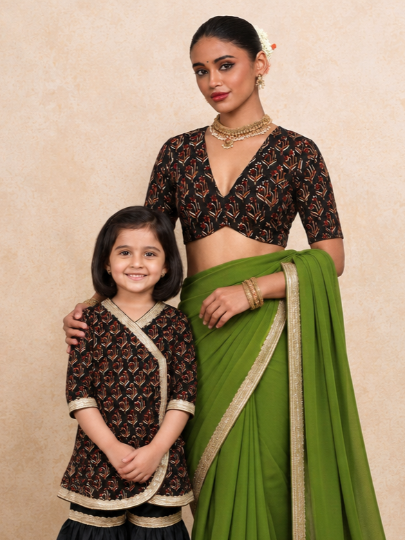 Mommy&Me | Lilya + Prabha Midnight Lily Block Print Cotton Kurta Set & Saree Blouse Combo