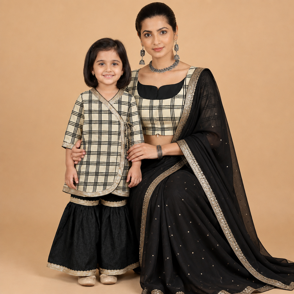 Mommy&Me | Misha + Saaya Cream Windowpane Check Block Print Cotton Kurta Set & Saree Blouse Combo