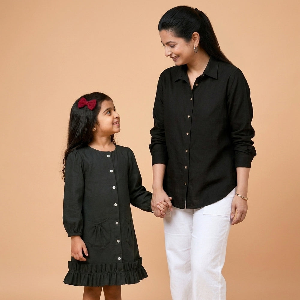 Mommy&Me | Gigi + Cecilia Ebony Black Linen Frock & Shirt Combo