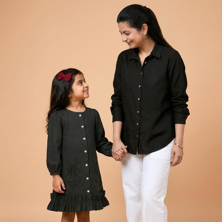 Mommy & Me bundle thumbnail: Mommy&Me | Gigi + Cecilia Ebony Black Linen Frock & Shirt Combo