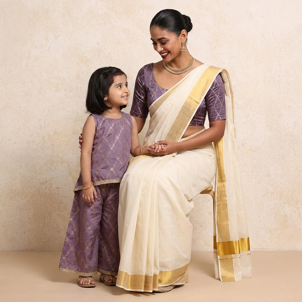 Mommy&Me | Poppy + Kumkum Moonlit Lavender Vine Mesh Brocade Kurta Set & Saree Blouse Combo