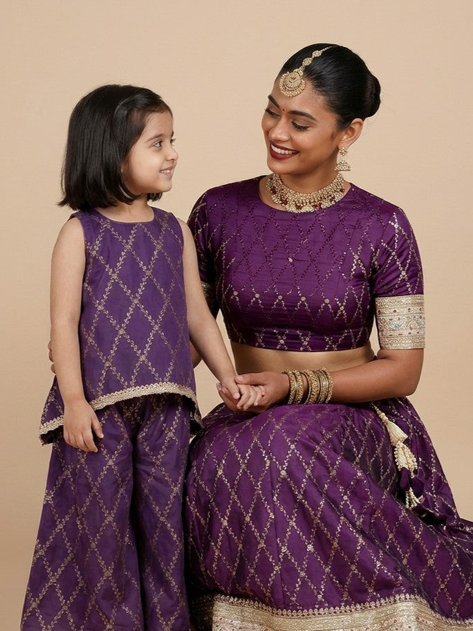 Mommy&Me | Poppy + Kashvi Orchid Plum Vine Mesh Brocade Kurta Set & Saree Blouse Combo