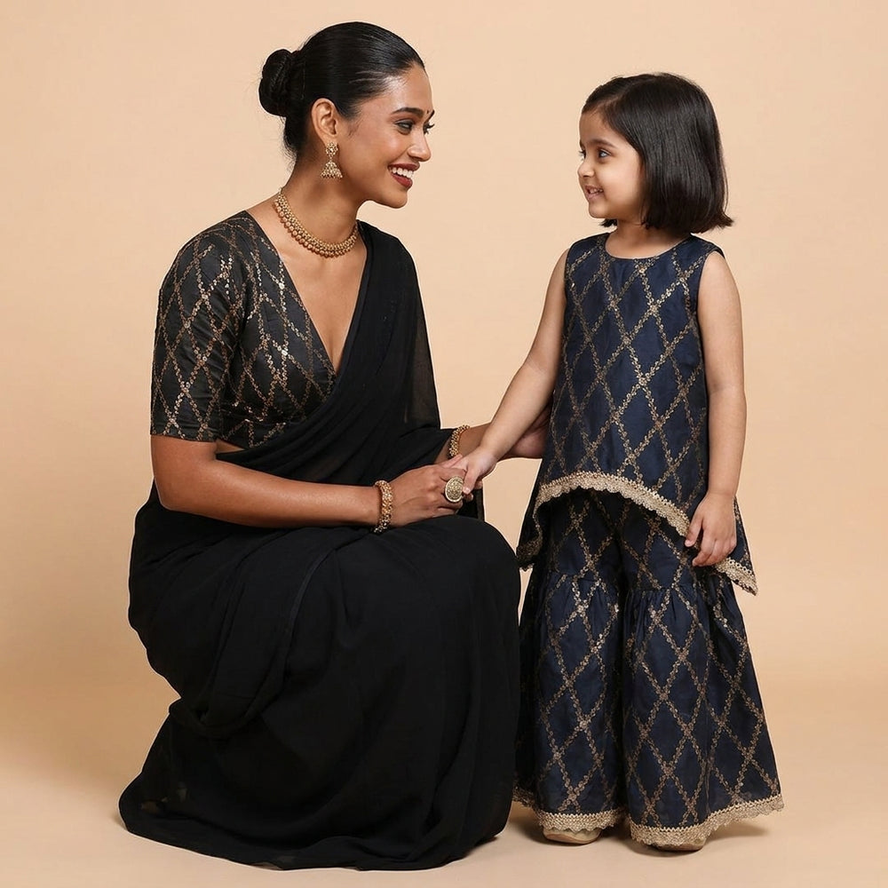 Mommy&Me | Poppy + Rubani Cosmic Black Vine Mesh Brocade Kurta Set & Saree Blouse Combo