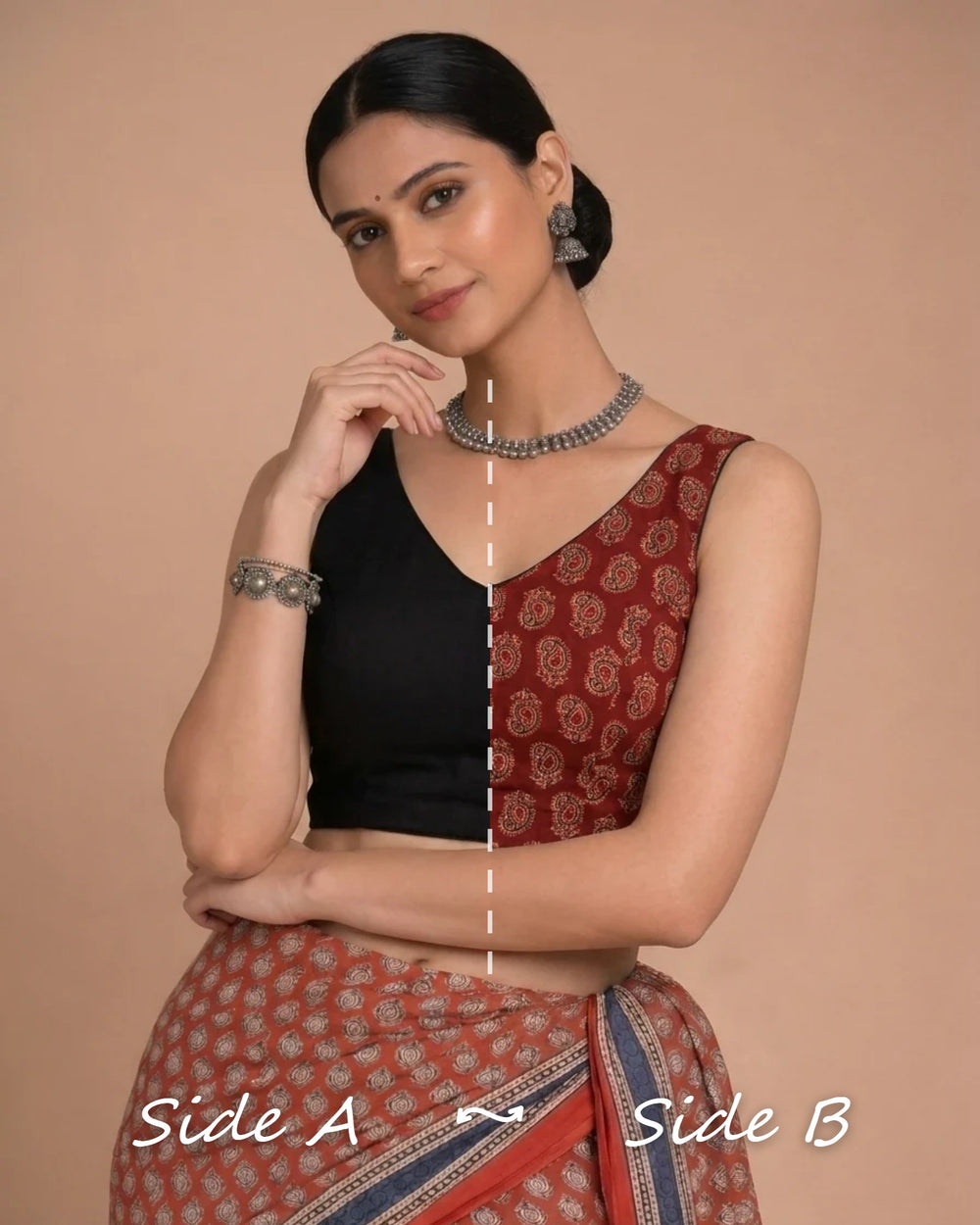 Ardha | Duet Reversible Blockprinted Red Mango & Black Solid Cotton CinchFit™ Saree Blouse