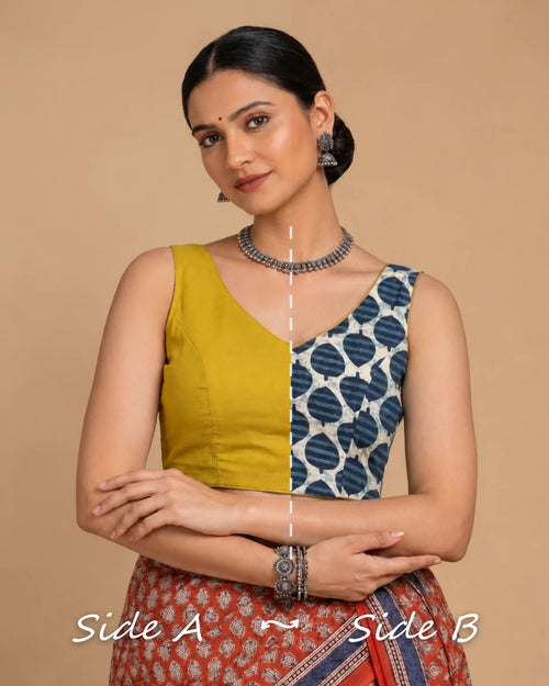 Ardha | Duet Reversible Blockprinted Indigo Spade & Yellow Blockprinted Cotton CinchFit™ Saree Blouse
