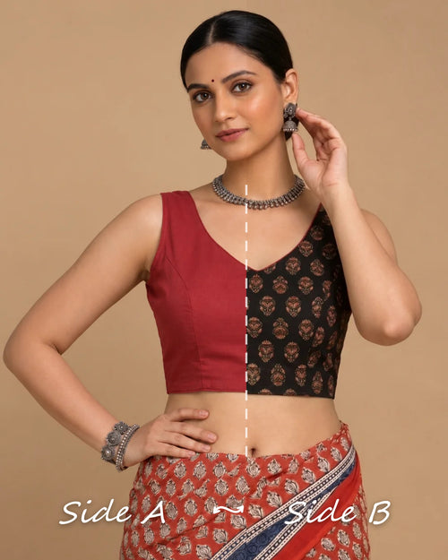 Ardha | Duet Reversible Blockprinted Black Peacock & Red Blockprinted Cotton CinchFit™ Saree Blouse