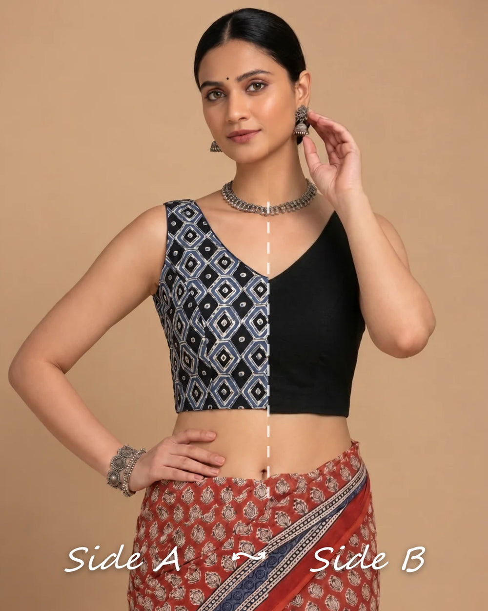 Ardha | Duet Reversible Blockprinted Indigo Geometric Motif & Black Blockprinted Cotton CinchFit™ Saree Blouse