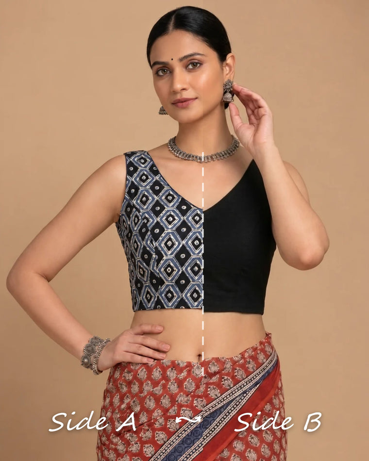 Ardha | Duet Reversible Blockprinted Indigo Geometric Motif & Black Blockprinted Cotton CinchFit™ Saree Blouse — Side A and Side B