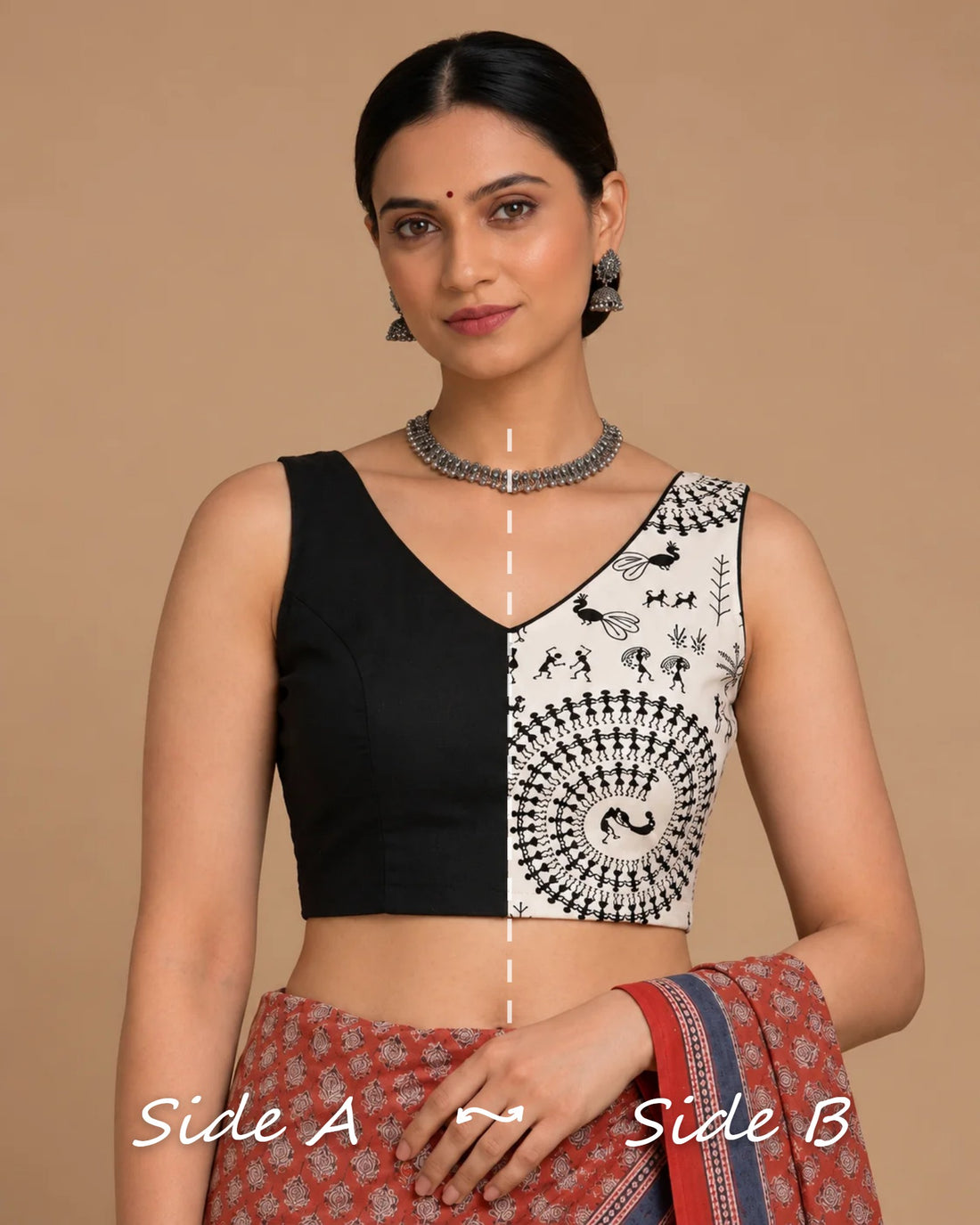 Ardha | Duet Reversible Blockprinted Warli Print & Black Blockprinted Cotton CinchFit™ Saree Blouse — Side A and Side B