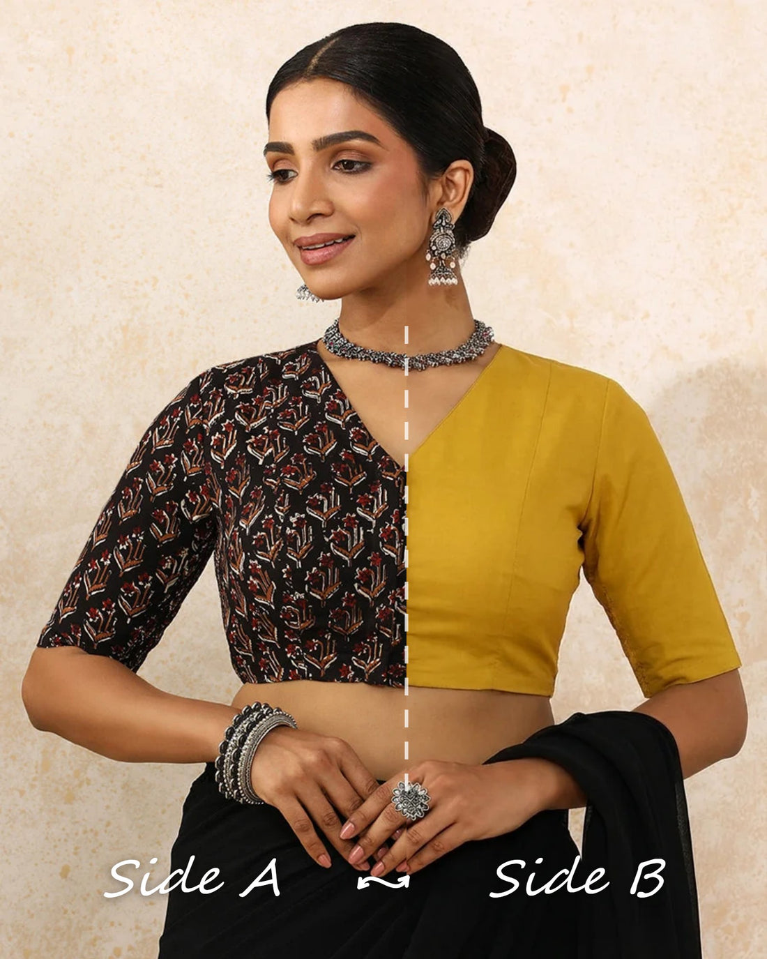 Ramona Reversible Duet | Midnight Lily × Sunny Yellow Cotton Saree Blouse — Side A and Side B