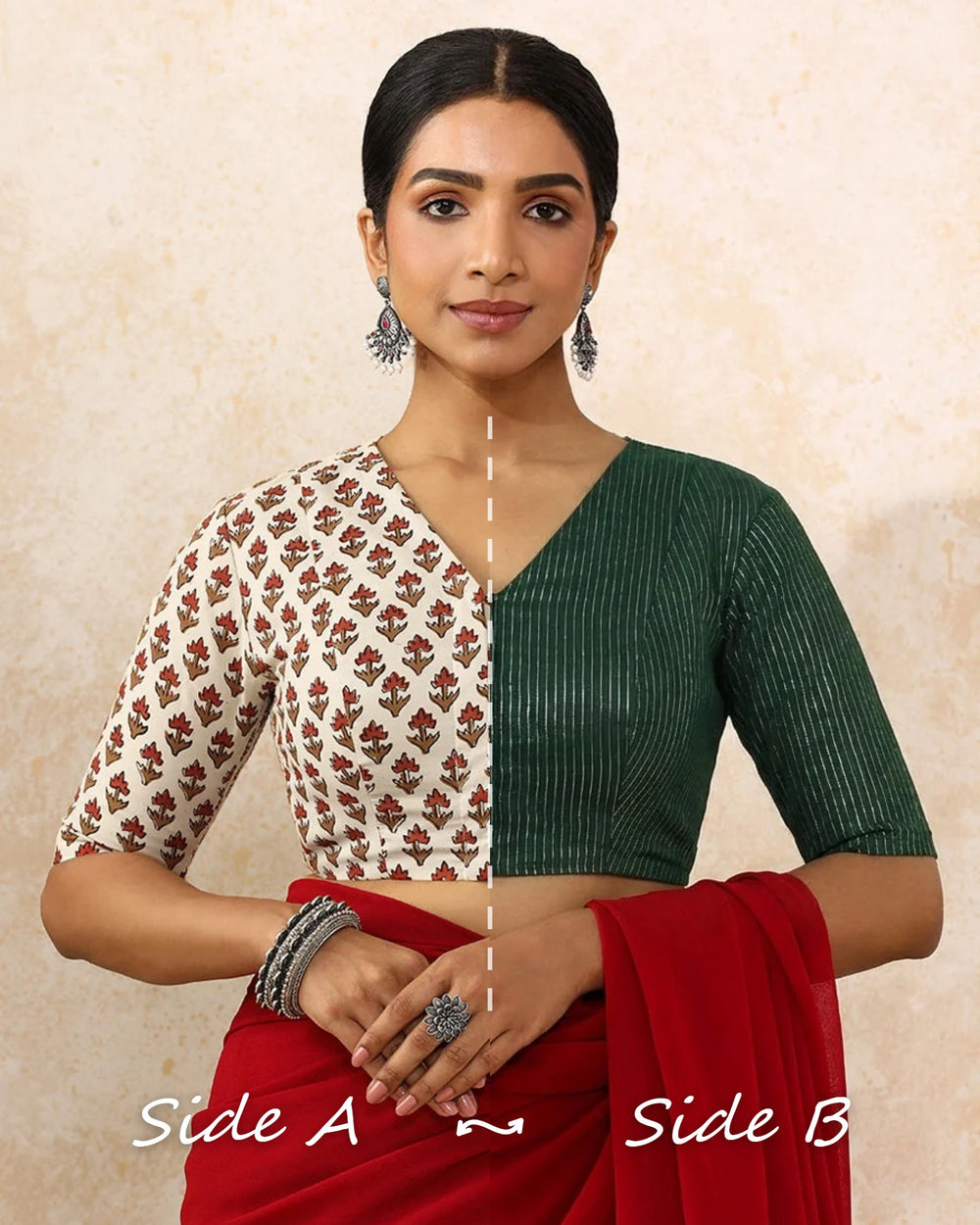 Ramona Reversible Duet | Tulip Bloom Cream × Dark Green Silver Stripe Cotton FlexiFit Saree Blouse