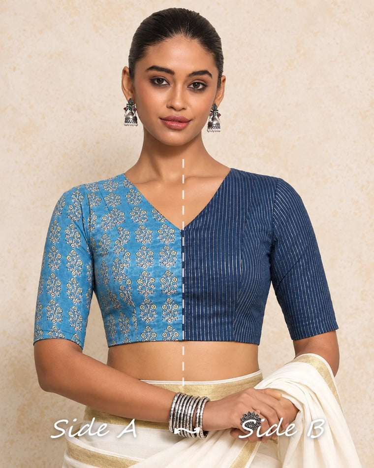 Ramona Reversible Duet | Blue Garden × Indigo Silver Stripe Cotton Saree Blouse — Side A and Side B