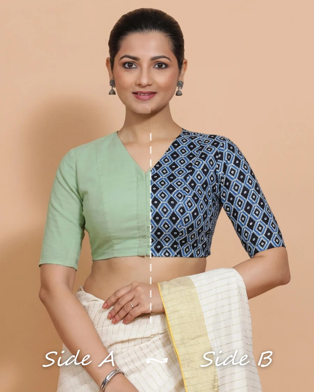 Ramona Reversible Duet | Indigo Blue Geometric × Light Sage Cotton Saree Blouse — Side A and Side B