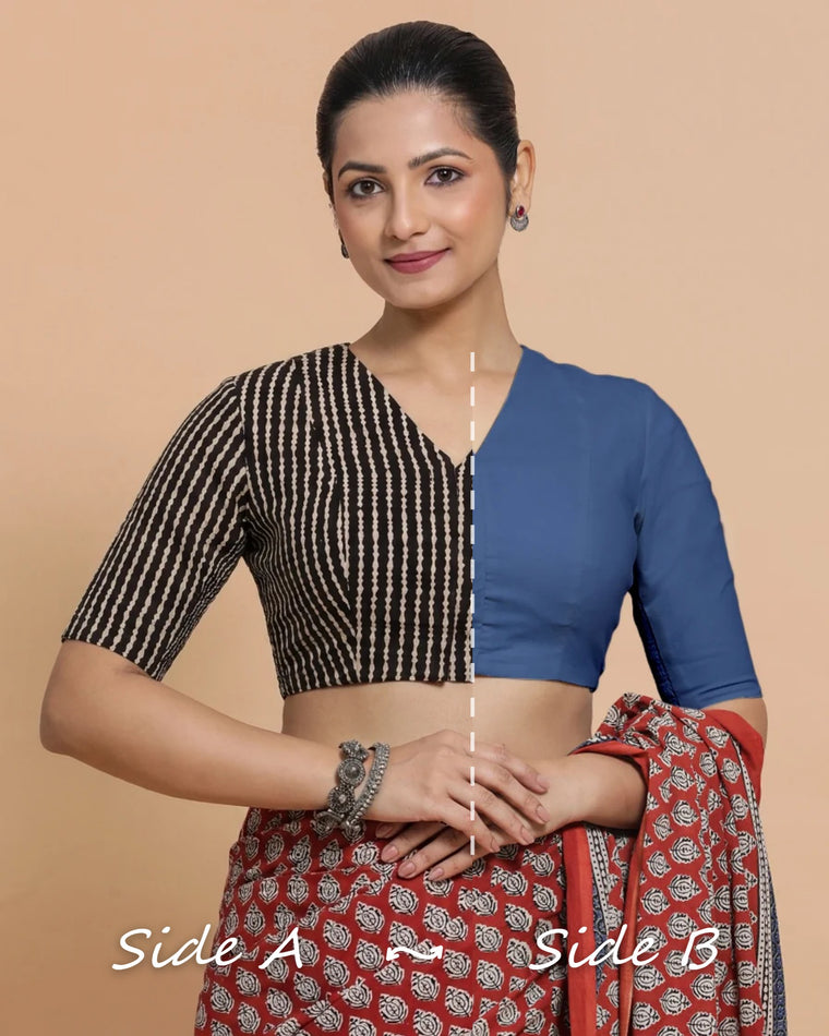 Ramona Reversible Duet | Earthy Black Stripes × Lapis Blue Cotton Saree Blouse — Side A and Side B