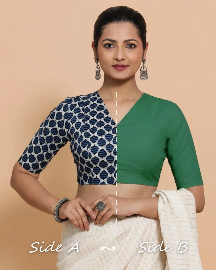 Ramona Reversible Duet | Indigo Blue Leaf × Castleton Green Cotton Saree Blouse — Side A and Side B