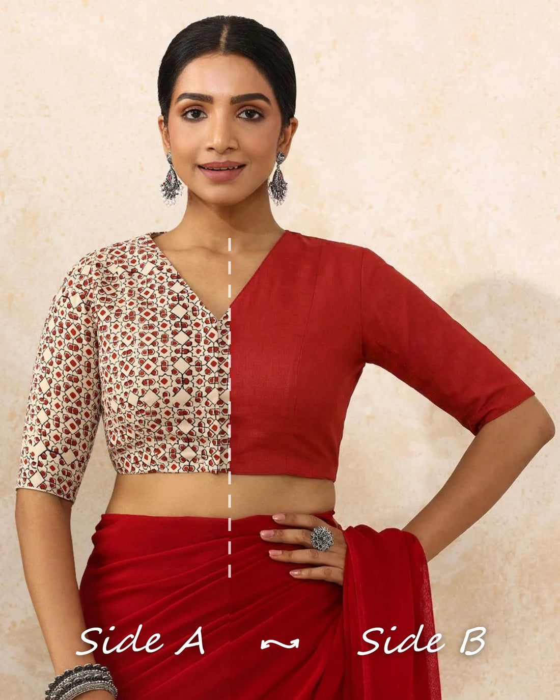 Ramona Reversible Duet | Red Geometric × Carmine Red Cotton Saree Blouse — Side A and Side B