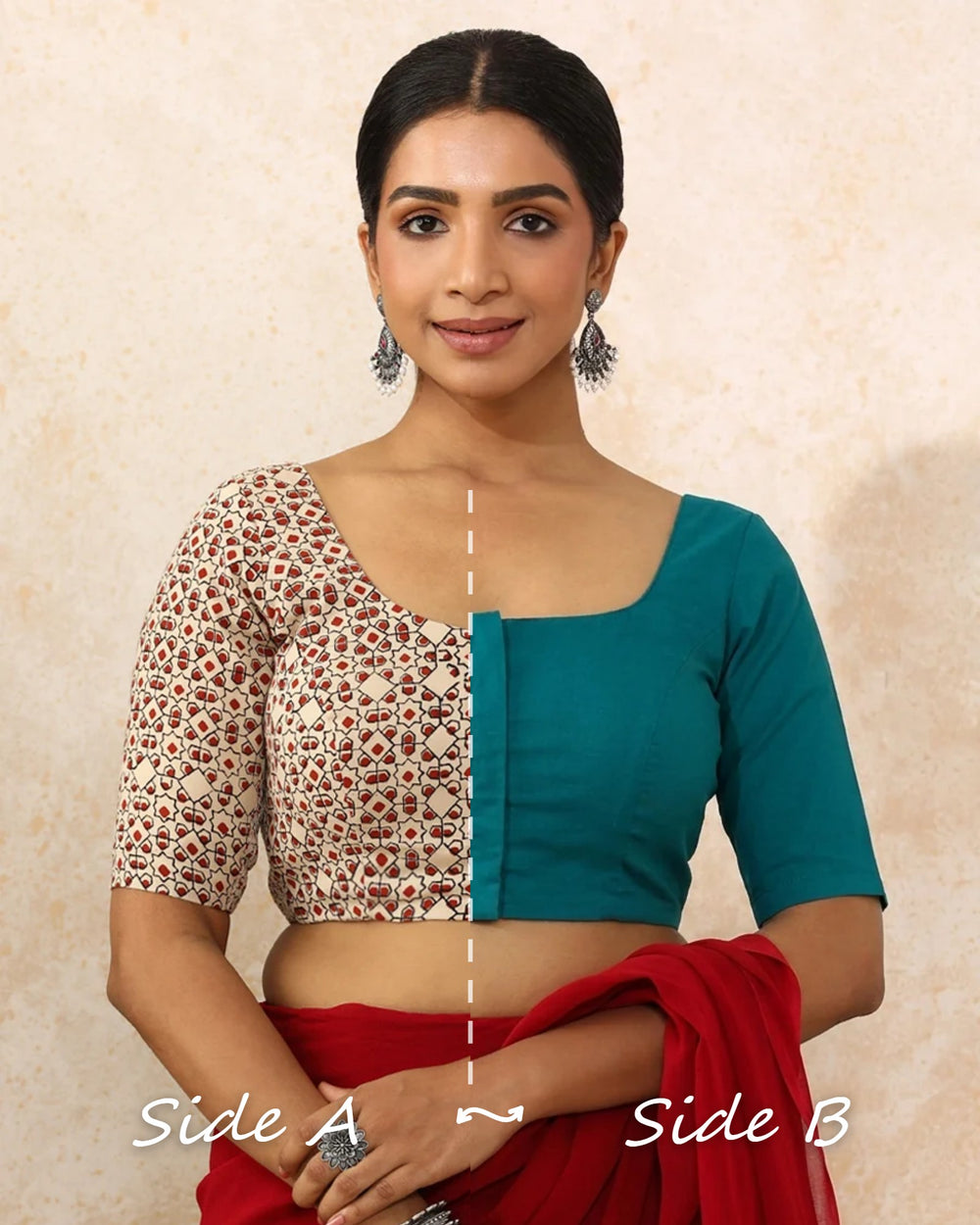 Neha Reversible Duet | Red Geometric × Teal Blue Cotton-Linen Saree Blouse