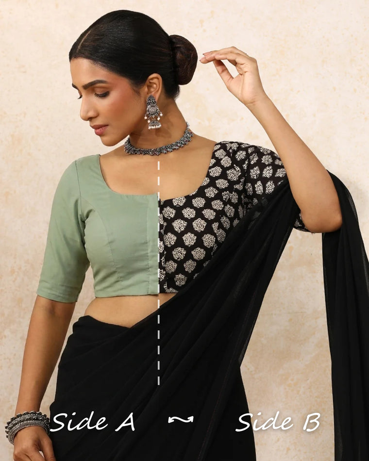 Neha Reversible Duet | Black Floral × Peppermint Green Cotton-Linen Saree Blouse — Side A and Side B