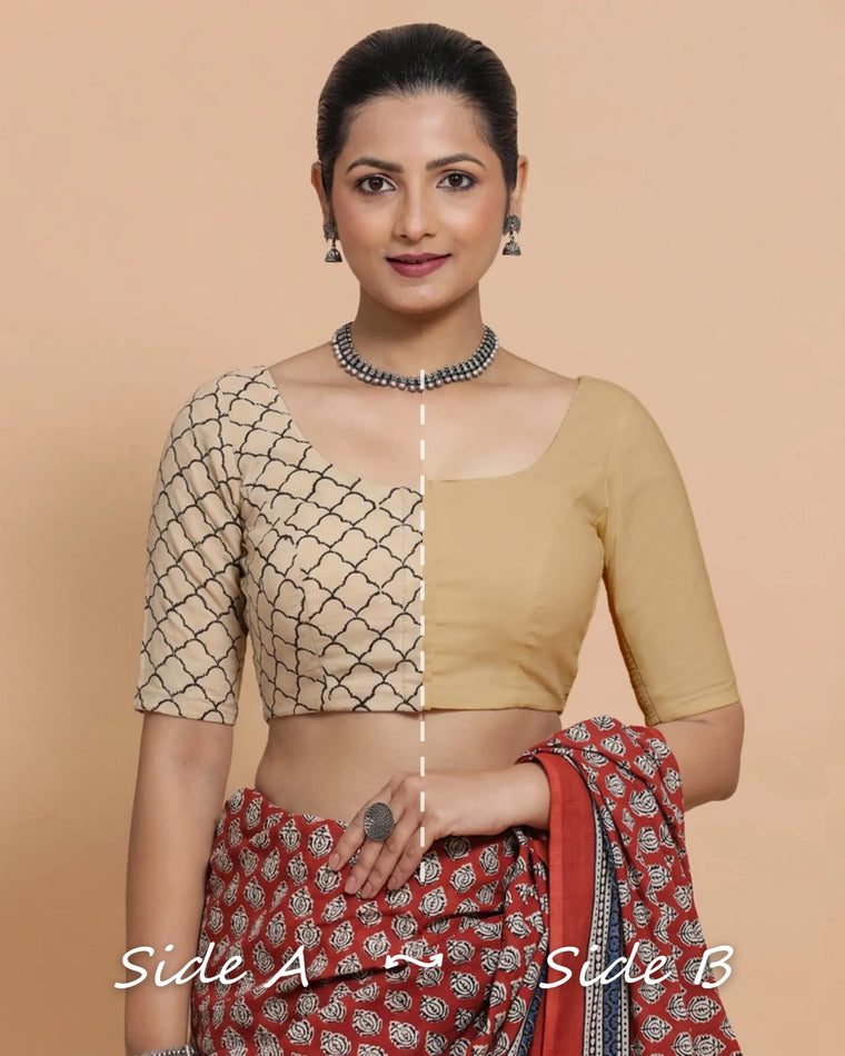 Neha Reversible Duet | Cream Fishscale × Ecru Beige Cotton-Linen Saree Blouse — Side A and Side B