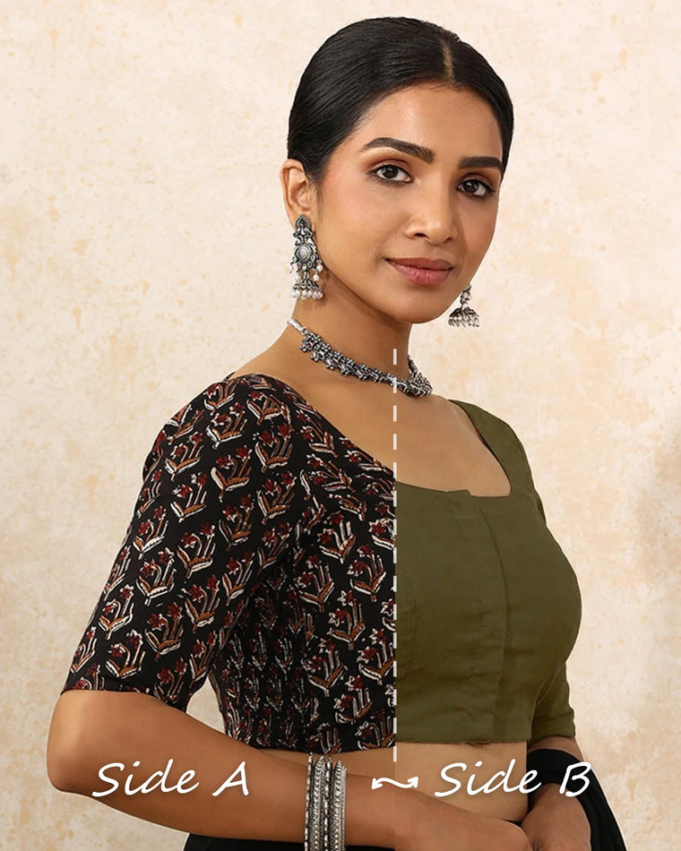 Neha Reversible Duet | Midnight Lily × Deep Olive Green Cotton-Linen Saree Blouse — Side A and Side B