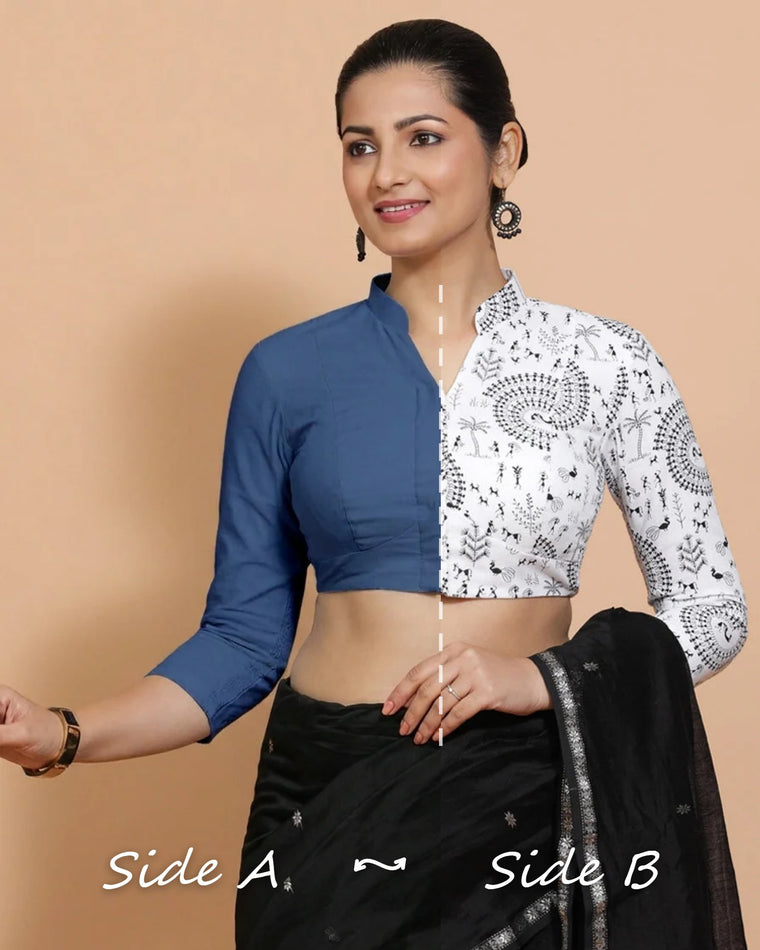 Sharda Reversible Duet | Lapis Blue Plain x White Warli Print Cotton Saree Blouse — Side A and Side B