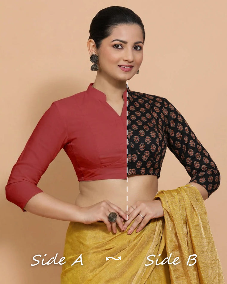 Sharda Reversible Duet | Carmine Red Plain x Black Peacock Block Print Cotton Saree Blouse — Side A and Side B