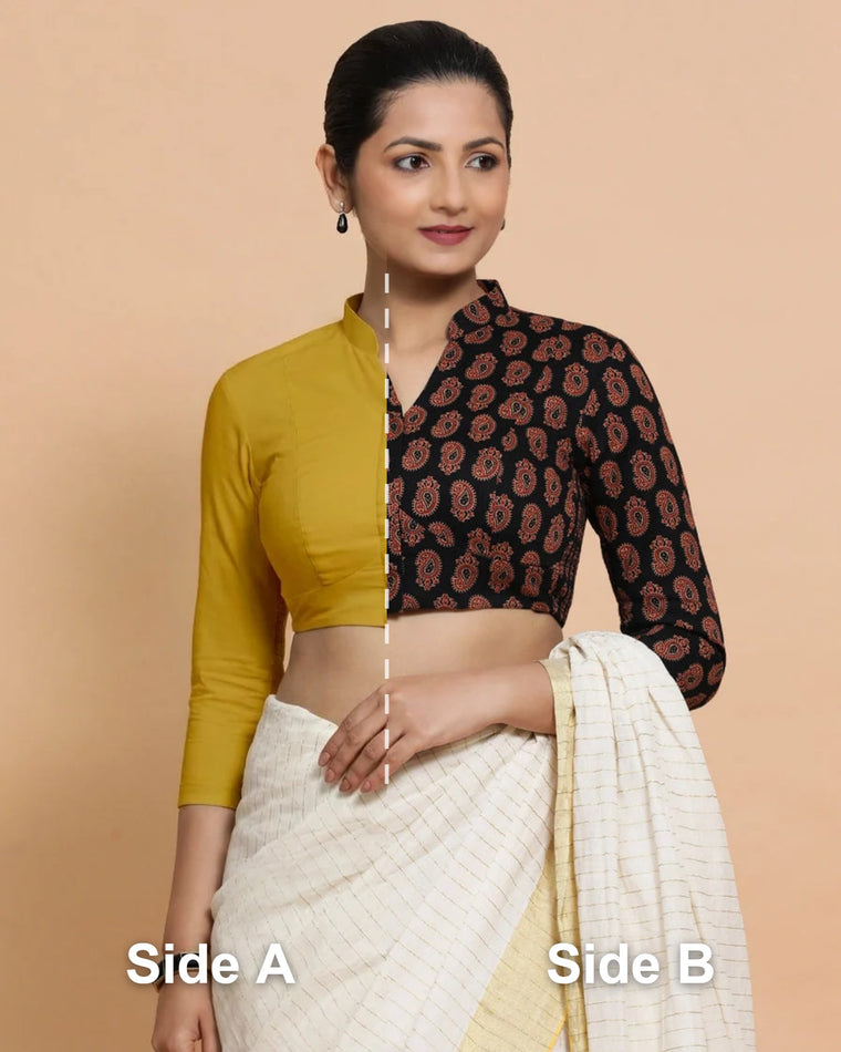 Sharda Reversible Duet | Sunny Yellow x Black Mango Block Print Cotton Saree Blouse — Side A and Side B
