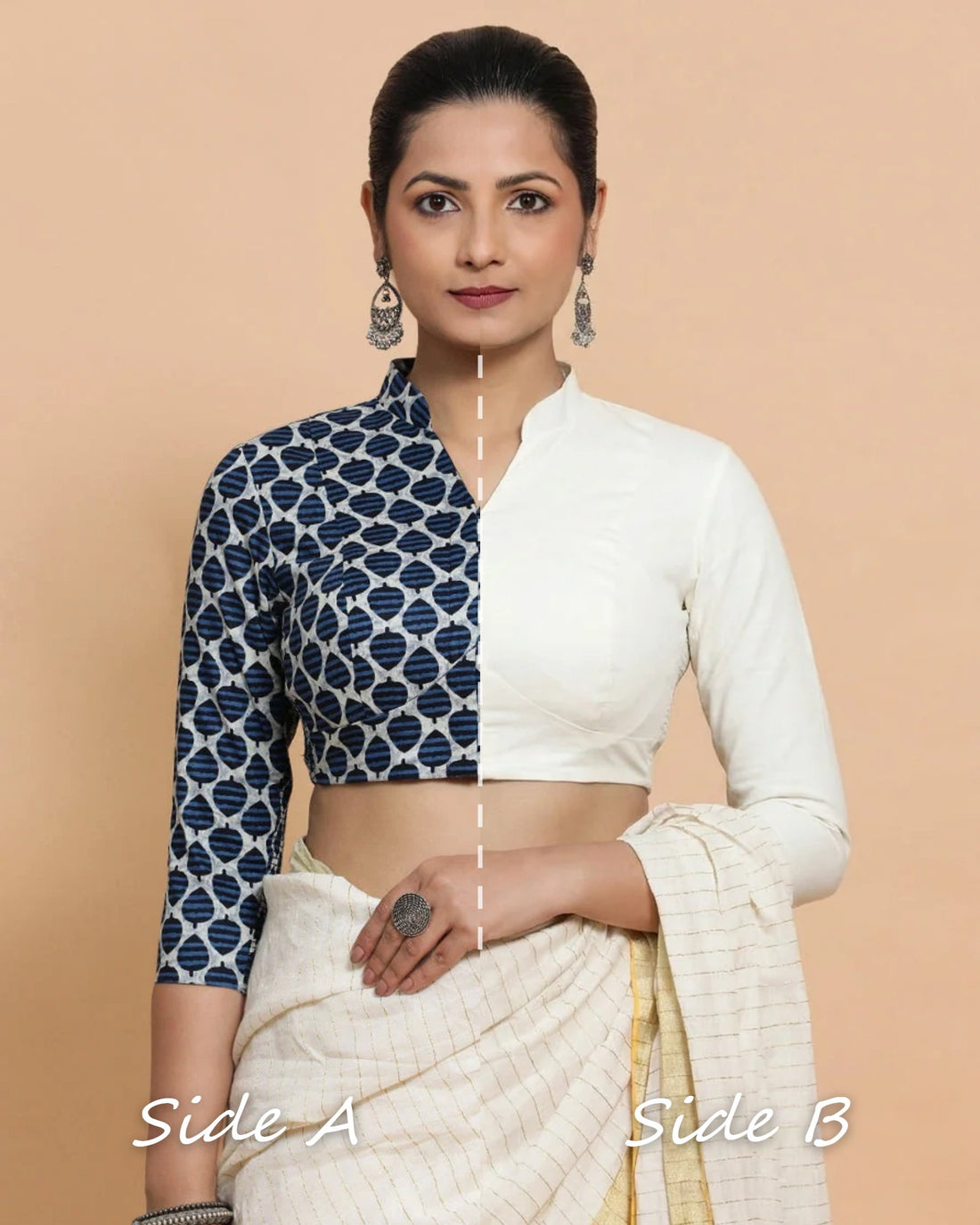 Sharda Reversible Duet | Ivory Mist x Indigo Blue Leaf Block Print Cotton Saree Blouse — Side A and Side B