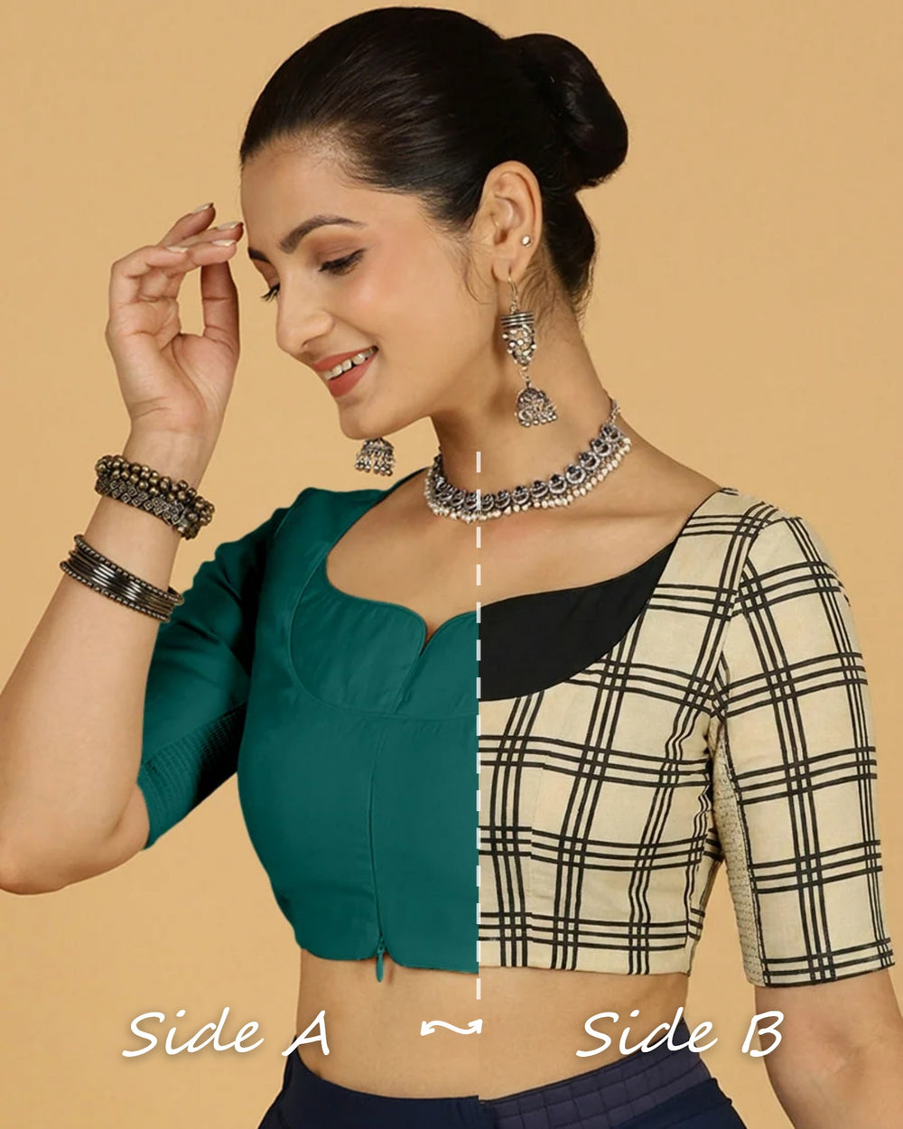 Mahua Reversible Duet | Peacock Green x Cream Windowpane Check Block Print Cotton Saree Blouse