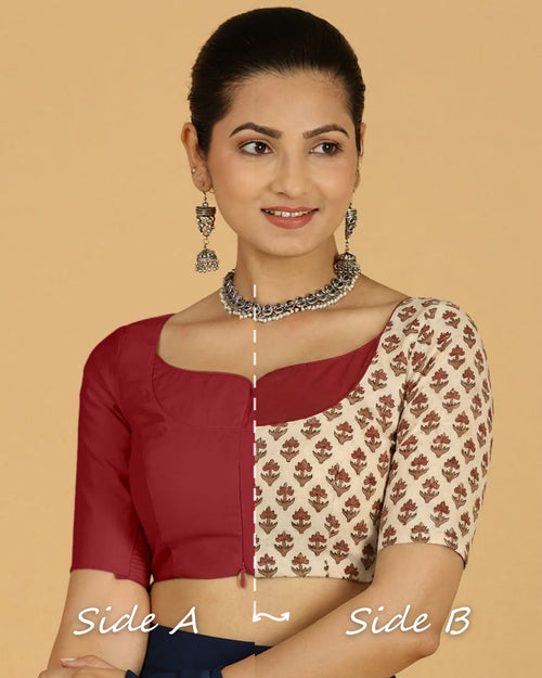Mahua Reversible Duet | Scarlet Red x Tulip Bloom Cream Block Print Cotton Saree Blouse