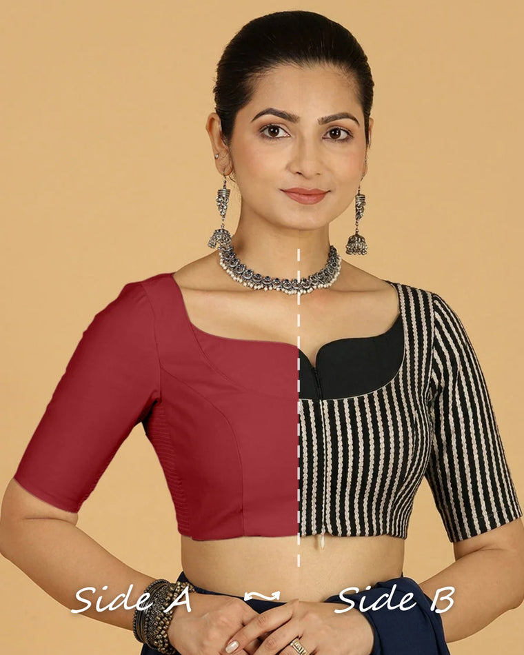 Mahua Reversible Duet | Scarlet Red x Earthy Black Stripes Block Print Cotton Saree Blouse — Side A and Side B