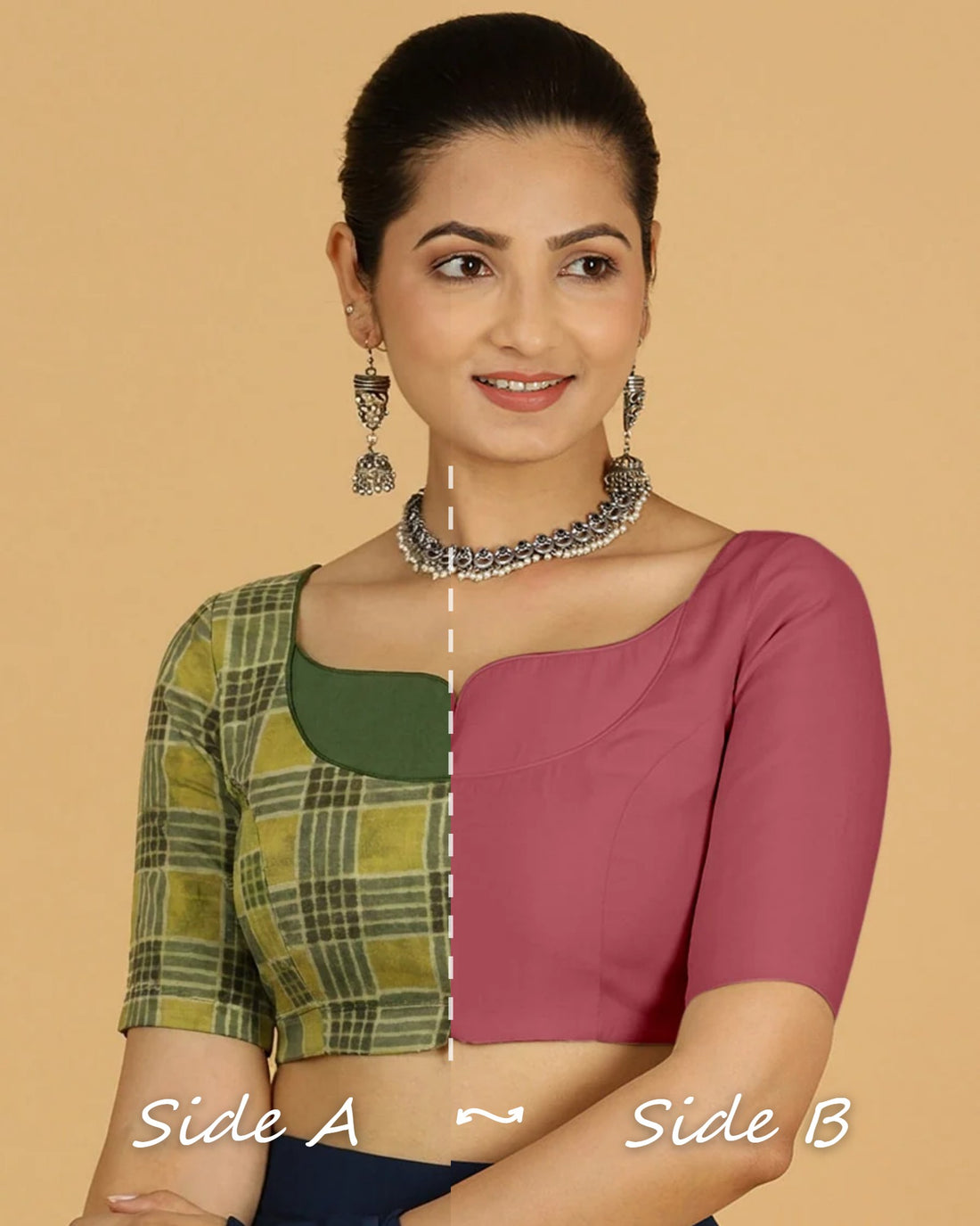 Mahua Reversible Duet | Rose Pink x Olive Grid Block Print Cotton Saree Blouse — Side A and Side B