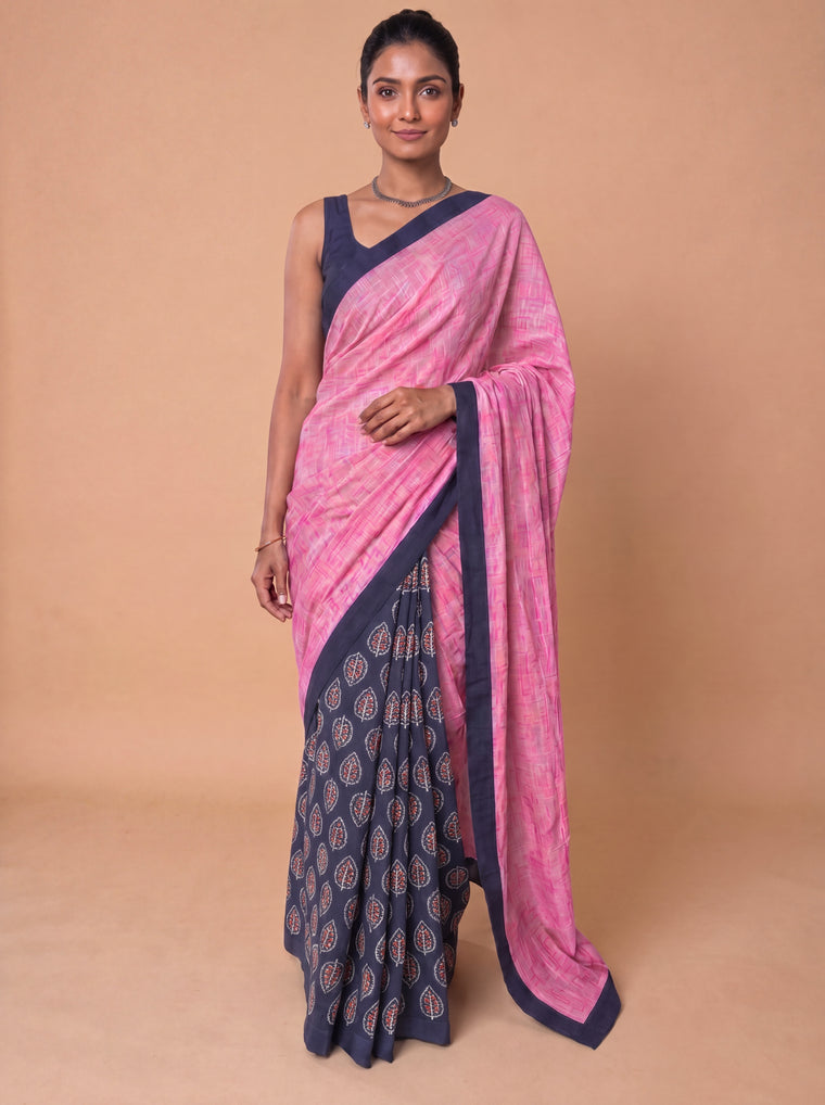 Mayuri Patchwork Blue Leaf Mul Cotton DrapeFit™ Saree