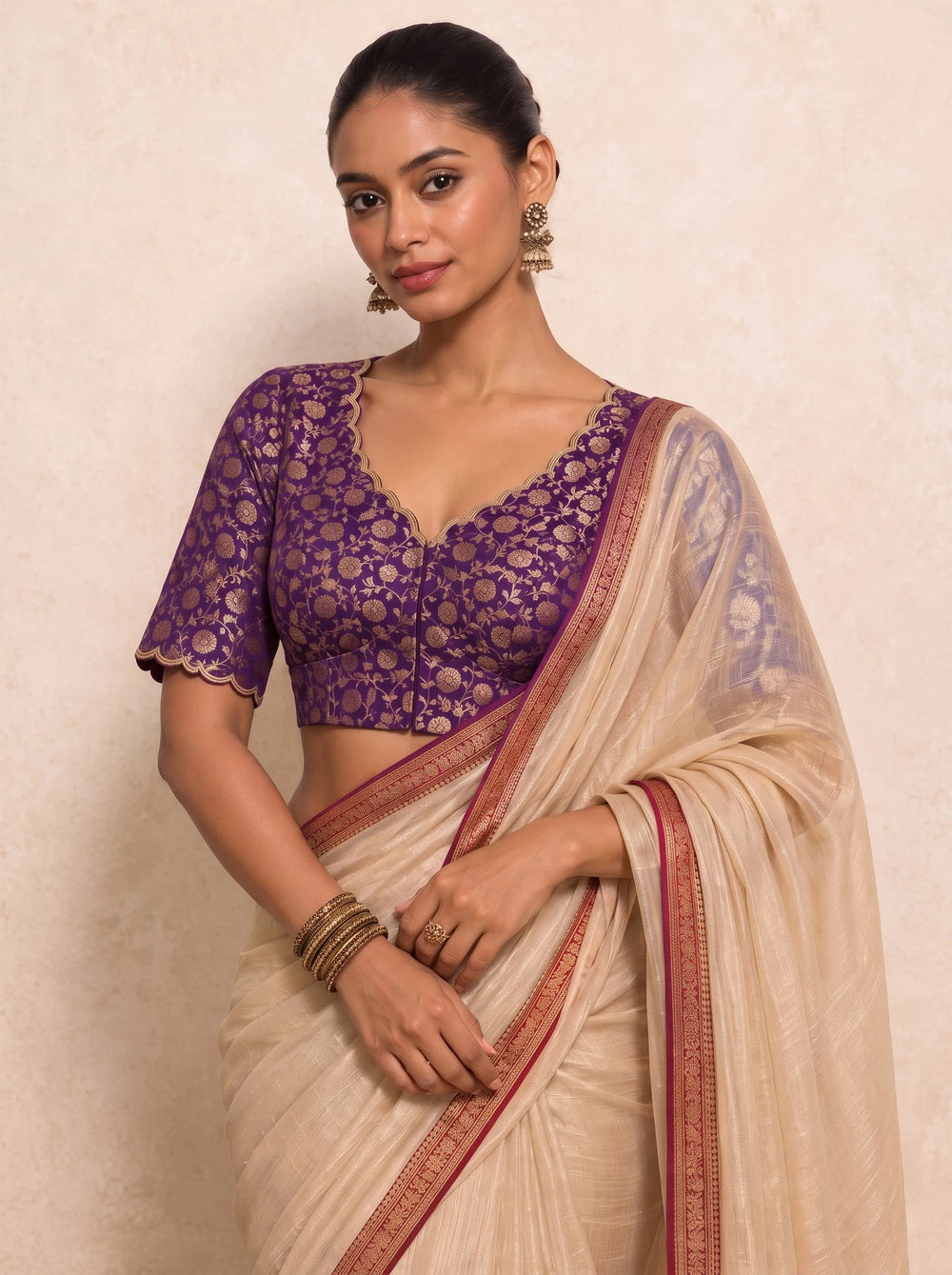 Badra | Elbow Sleeve Violet Brocade FlexiFit™ Saree Blouse